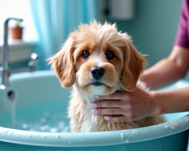 Hund beim Baden im Grooming Salon